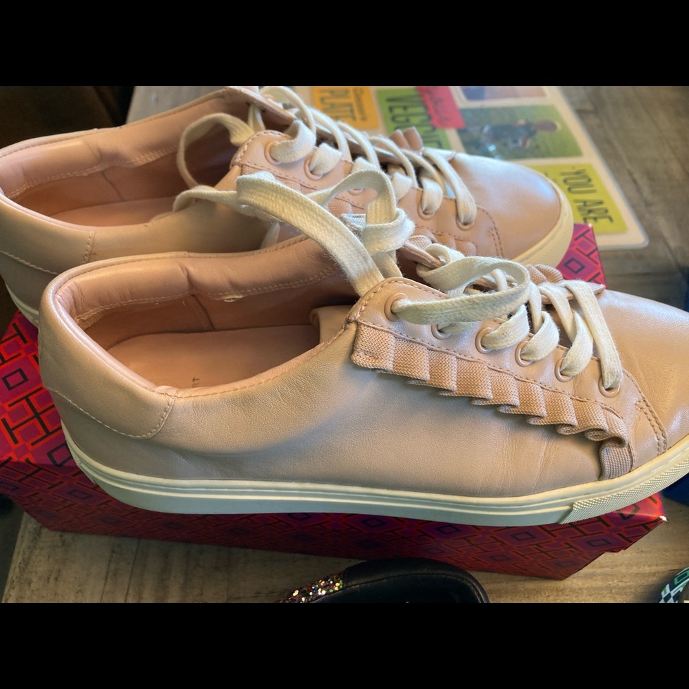 Tory Burch Pink Leather Ruffle-Trim Sneakers